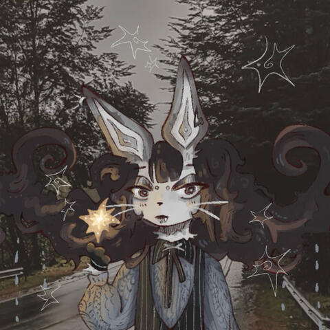 Headshot drawing of a light grey mouse with pointy bat ears and dark brown swirly hair staring into the camera. They wear a blue-grey sweater while holding up a yellow star, against a backdrop of a grey sky and dark trees.